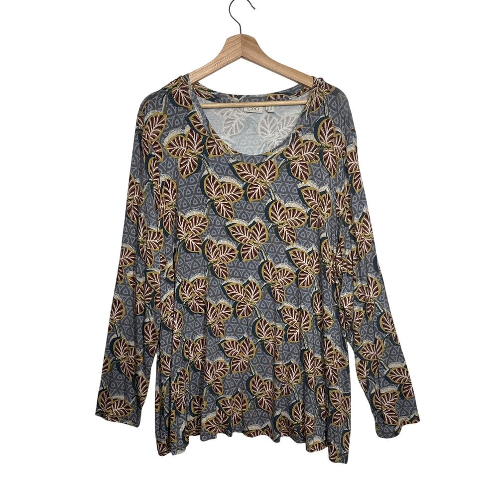 Logo Lori Goldstein Long Sleeve Knit Tunic Top Leaf Print Rayon Stretch Sz 3X